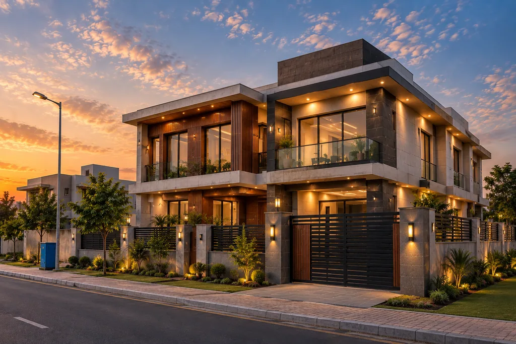 A completed modern home at dusk.
