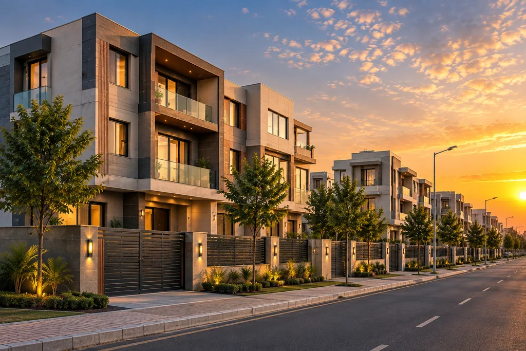 A row of completed residences.