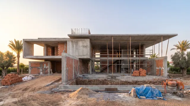 The grey structure with brick walls.