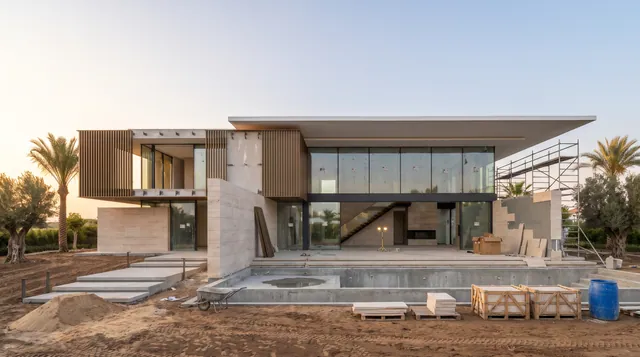 The villa clad in stone and timber.