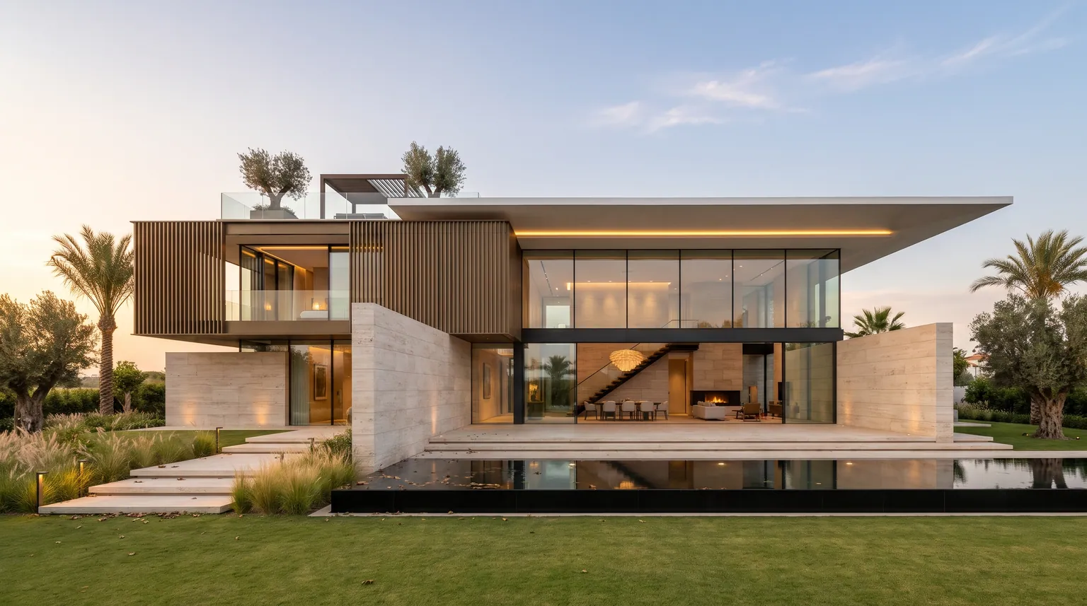 A finished Brixo villa at golden hour, with a reflecting pool.